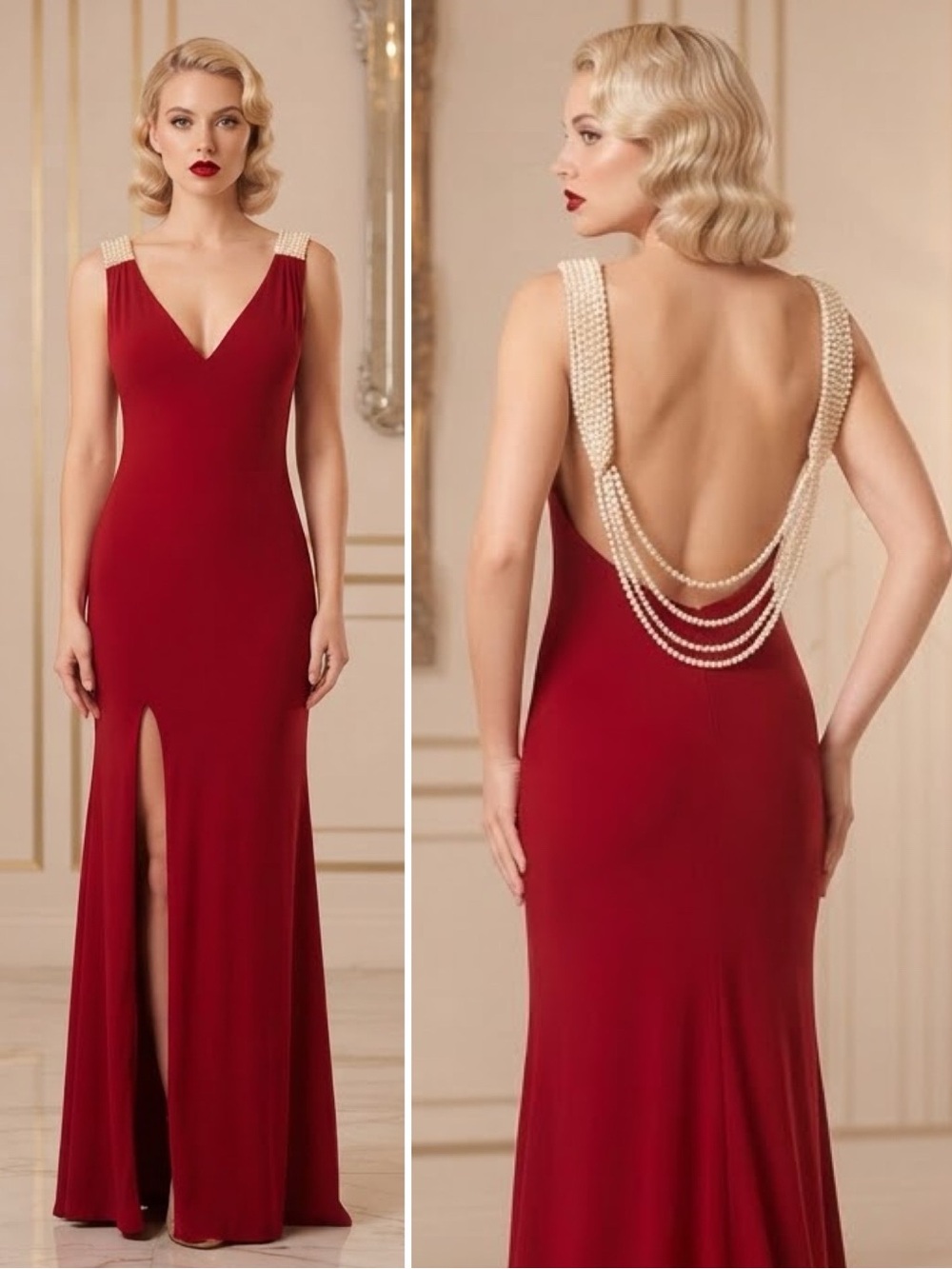 Vintage La Femme Women’s 4 Long Red Old Hollywood Glam Pearls Draped Back Dress